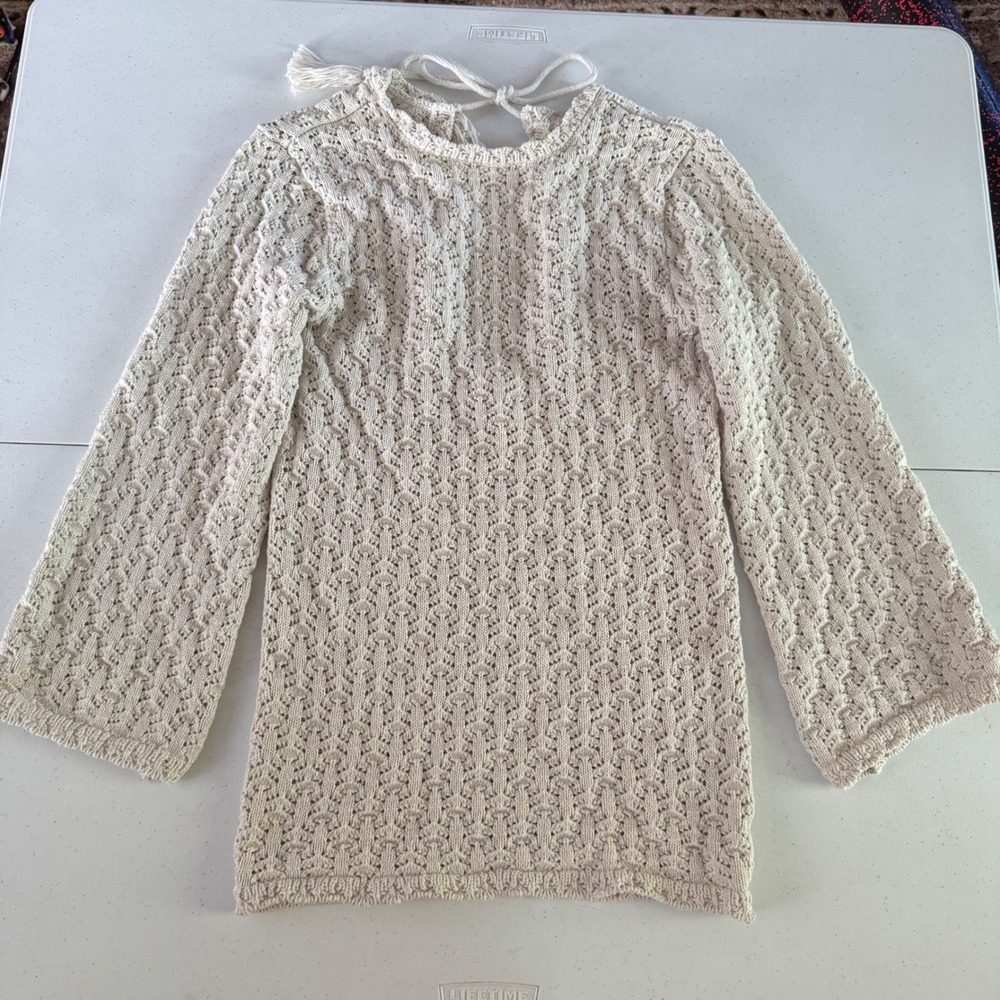 Crochet Open Back Tie Tassel Knit Sweater Women Small Cream Bell Sleeve Boho
